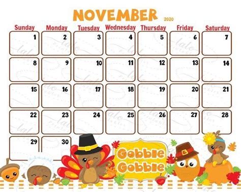 November Thanksgiving Calendar With Cute Turkeys