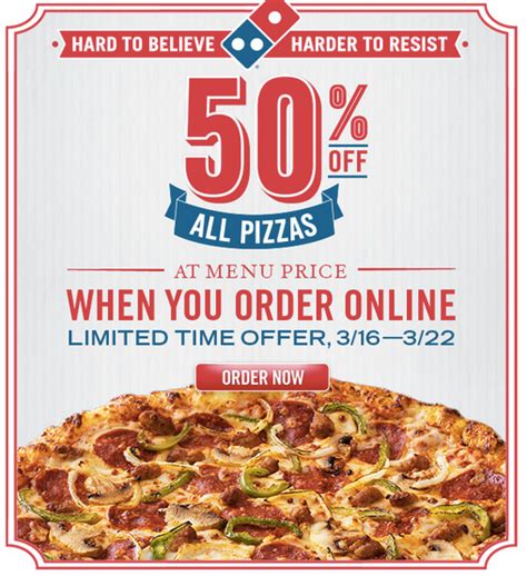 You can get the best discount of up to 90% off. Domino's - 50% off any pizza at regular menu price ...