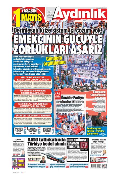 Aydınlık Gazetesi 1 Mayıs 2022 Pazar Günü Manşeti