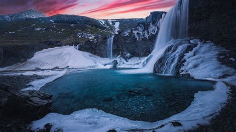 Skógafoss Waterfall Pouring On River During Sunset With Ice Mountain Hd
