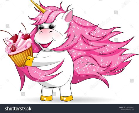 Стоковая векторная графика Animation Unicorn Eats Tasty Cake Cheerful
