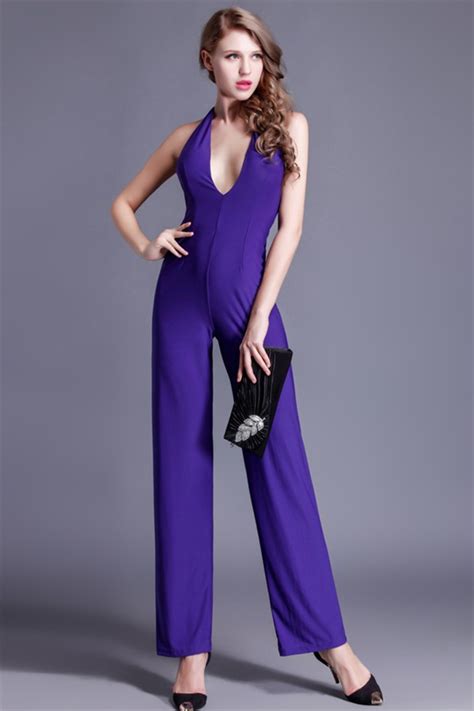 Sexy Deep V Neck Backless Purple Jersey Special Occasion Evening Jumpsuit