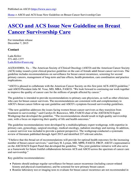 Fillable Online Asco And Acs Issue New Guideline On Breast Cancer Survivorship Care Fax Email