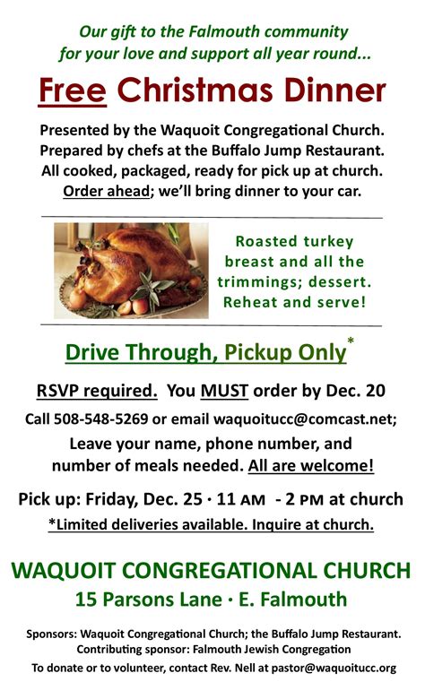 5 kroger hours of operation on saturday and sunday. Free Christmas Meals to Go - Waquoit Congregational Church