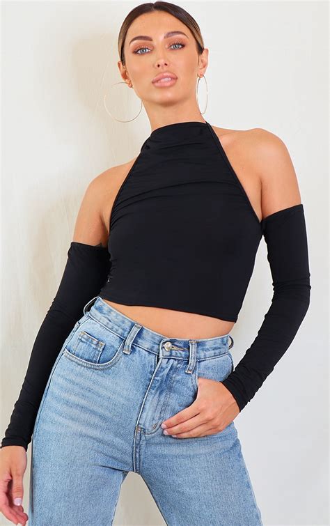 Black Slinky Cold Shoulder Halterneck Crop Top Prettylittlething Usa