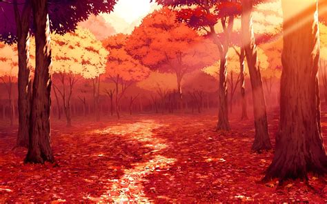 Wallpaper Sunlight Drawing Forest Fall Leaves Sunset Anime Red