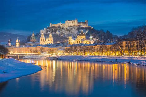 Beautiful Historic City Of Salzburg In Winter At Night Austria Stock