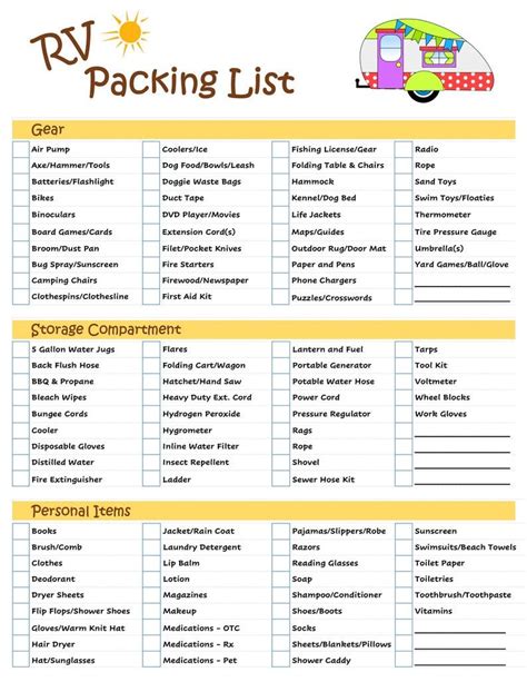 Rv Camping Packing List Printable