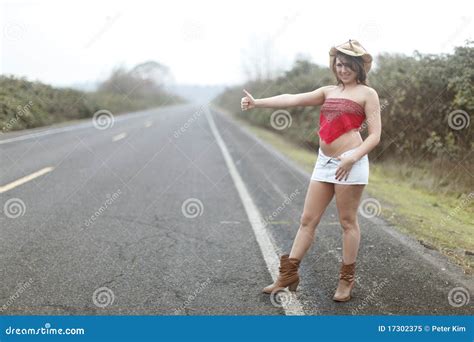 Woman Hitchhiking Stock Image Image Of Gorgeous Brunette 17302375