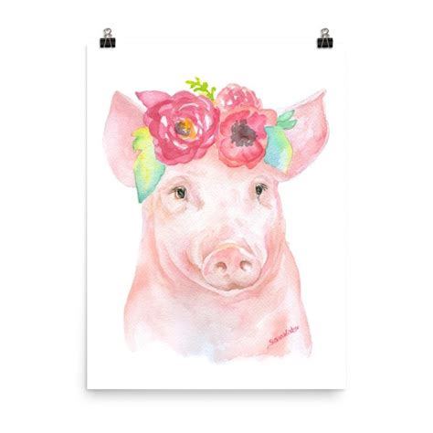 Pig Floral 2 Animal Wall Art Nursery Watercolor Paintings Pig