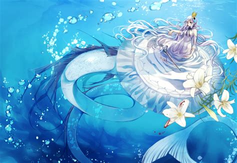 Aiha Deko Aqua Eyes Blood Crown Dress Flowers Long Hair Mermaid