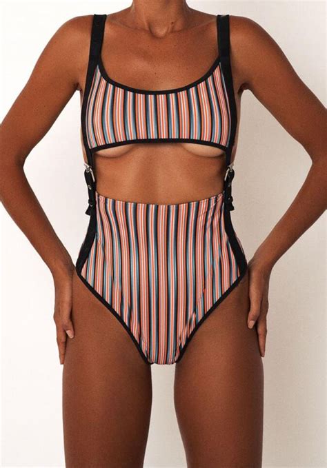 2019 Striped Swimwear Women Lady Split Swimsuit Hollow Out Strap Bikini Bathing Suit Monokini