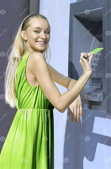 blonde near a cash machine stock image image of customer 10924033