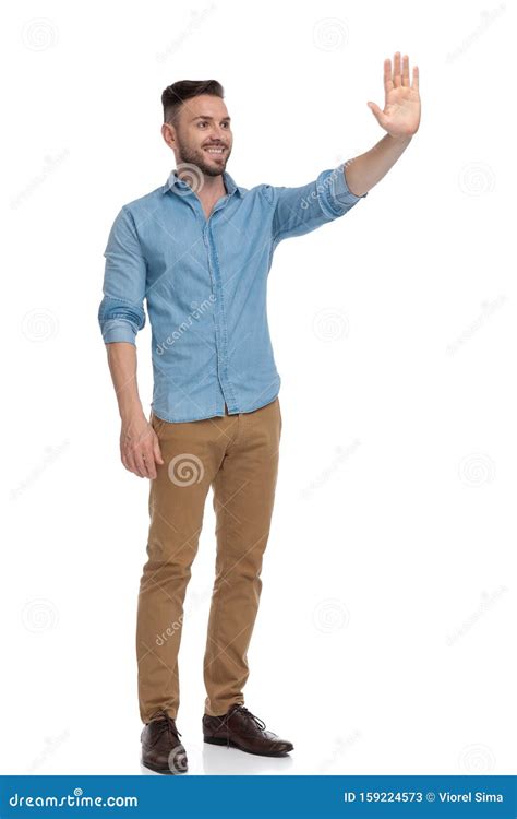 Casual Man Standing And Waving His Hand Happy Stock Image Image Of
