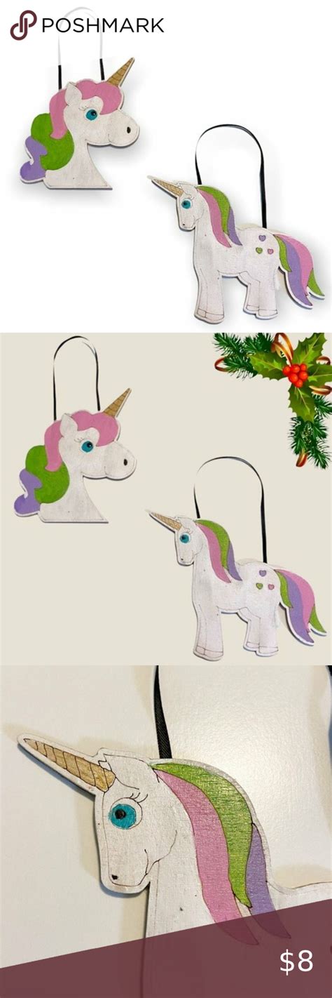 ️214 Christmas Tree Holiday 2 Pc Hand Painted Mini Wooden Unicorns