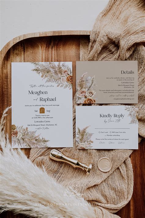 Muted Floral Pampas Grass Wedding Invitation Template Dusty Etsy Ireland