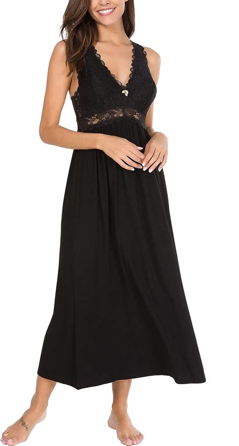 Alcea Rosea Womens Long Nightgown Sexy V Neck Sleeveless Nightdress Lace Trim Chemise Elegant