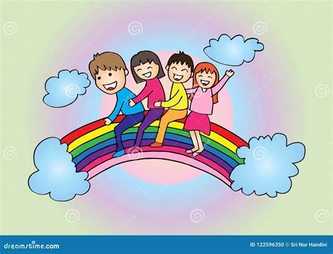 Cartoon Happy Kids On The Rainbow Stock Vector Illustration Of