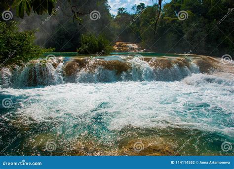 A Zoomed In View Of The Agua Azul Waterfalls In Mexico Yucatan Stock