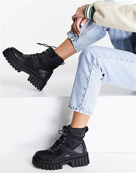 asos design abstract chunky lace up hiker boots in black asos