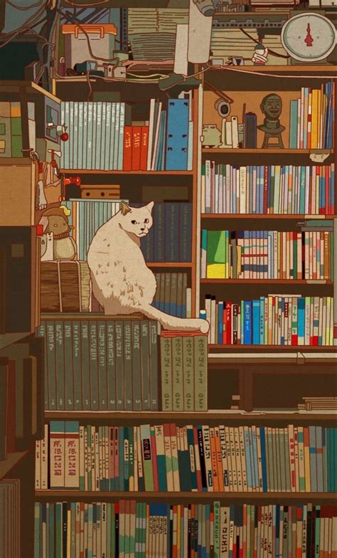 Oh My Little Cat In The Bookshelf Anime Scenery Wallpaper Art