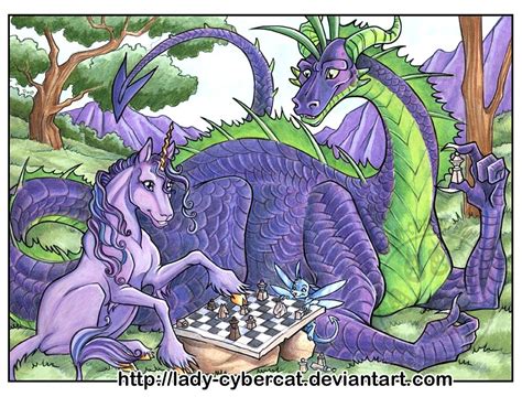 Dragon And Unicorn Play Chess By Lady On