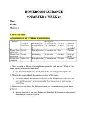 Answer HG Week 2 3 Docx HOMEROOM GUIDANCE QUARTER 1 WEEK 2 Name