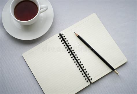 Coffee In White Cup With Journal Book And Pencil Stock Image Image Of