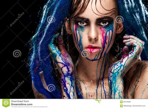Bodyart Model Girl Portrait With Colorful Paint Make Up