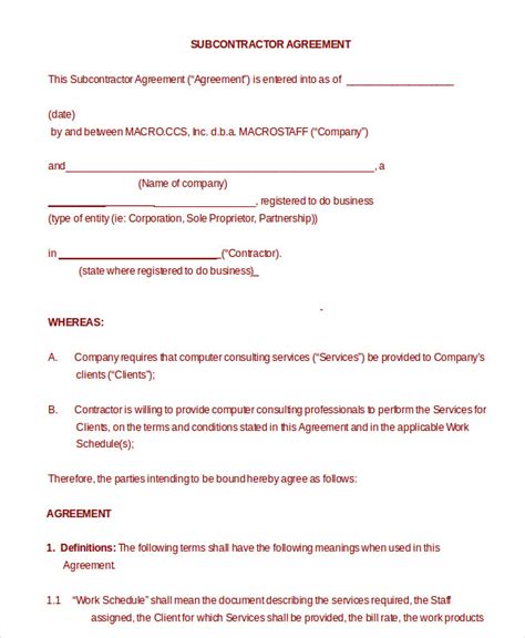 simple subcontractor agreement templates word