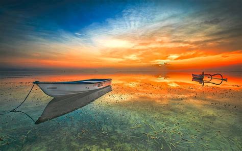 Hd Wallpaper Indonesia Landscape Sunset Beach Lake Boat Orange Sky