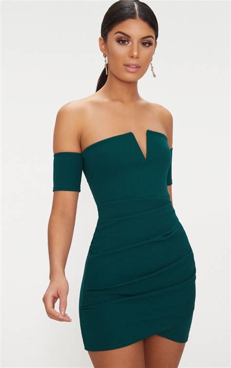 Emerald Green Bardot Wrap Front Bodycon Dress Club Dresses Beautiful