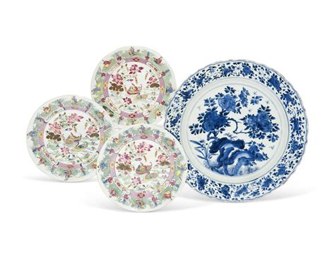 A Blue And White Dish And Three Famille Rose Dishes The