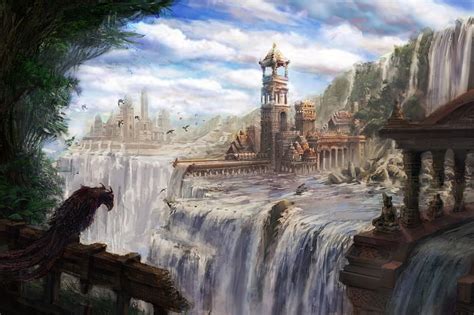 Fantasy Waterfalls Art City Bird Ruins Waterfalls Hd Wallpaper