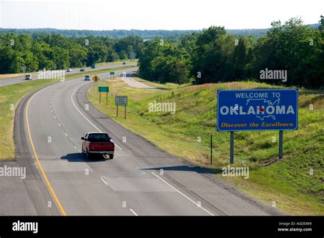 Welcome To Oklahoma Sign On Interstate 40 At The Arkansas Border Near