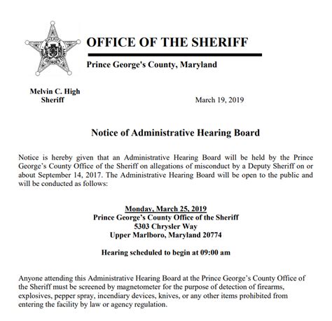 prince george s county office of the sheriff notice of administrative hearing board on monday