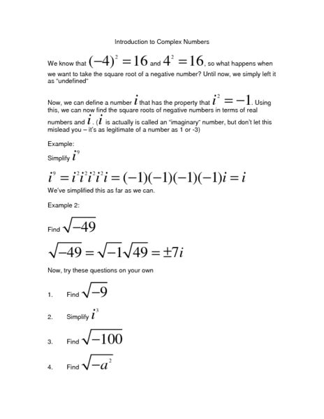 Introduction To Complex Numbers Worksheet