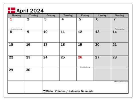 Kalender April 2024 Danmark Michel Zbinden Da