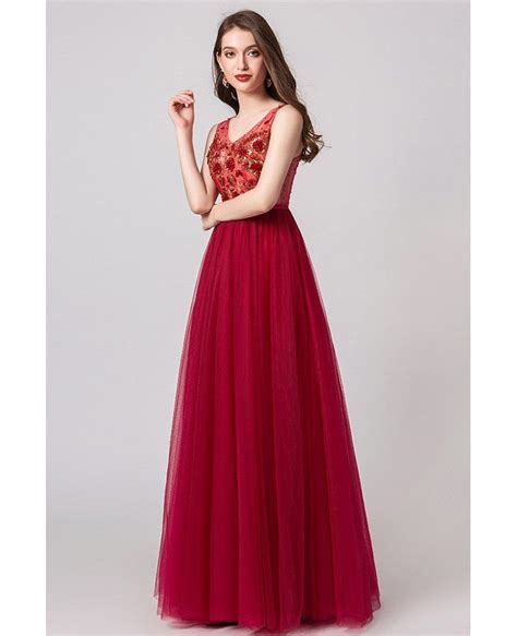A Line Red Tulle Prom Dress With Floral Beading Top M Gemgrace