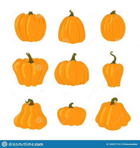 Set Of Simple Yellow Pumpkins Different Shapes Isolated On White