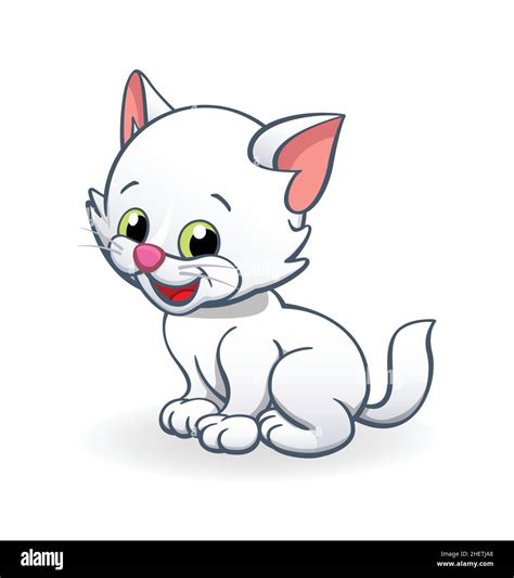 Cute Smiling Cartoon White Kitten Cat Character Sitting Vector Isolated