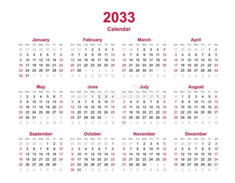 Kalender 2033 12 Maanden Jaarlijkse Vectorkalender In De Kalender Voor