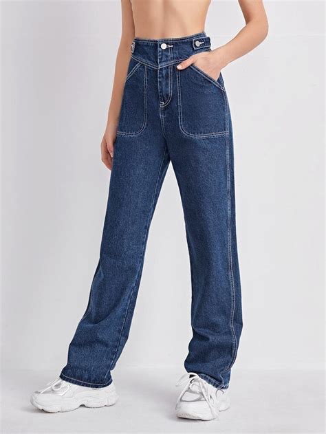 High Waist Slant Pocket Straight Jeans Shein In 2021 Baggy Jeans