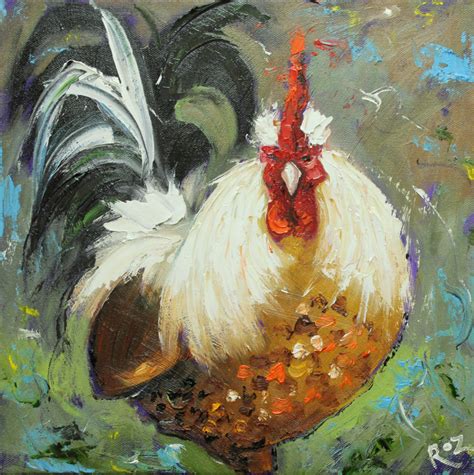 Rooster 567 12x12 Original Oil Rooster Painting By Roz On Luulla