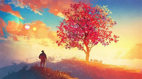 Wallpaper Sunlight Trees Painting Fall People Sunset Nature