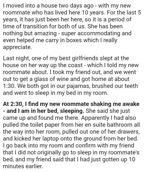 Woman Asks For Guidance After Freaking Out Her Nice Roommate By Sleepwalking Into Her Room At Night