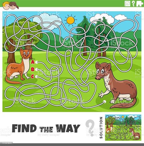 find the way maze game with cartoon weasel characters stock illustration download image now