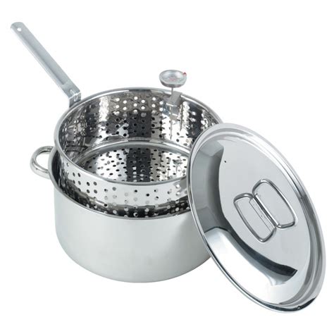 Stainless deep fryer, perforated basket with cool touch handle,silver. Stainless Steel Deep Fryer Pan 10qt