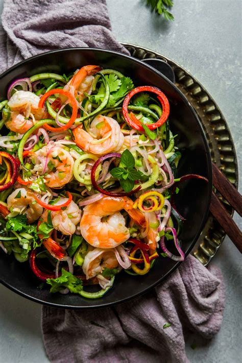 Top each with half the shrimp, corn, cucumber, carrots, basil and cilantro. Pin by Teapot Opera on cooking | Thai shrimp salad, Shrimp ...