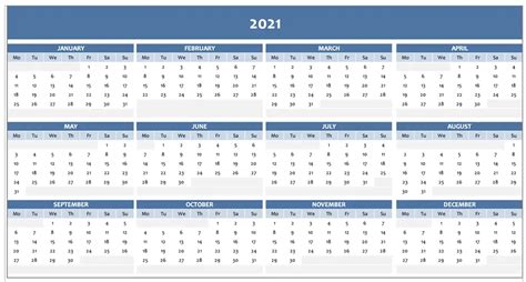 Free Full Year Calendar For 2021 Excel Template